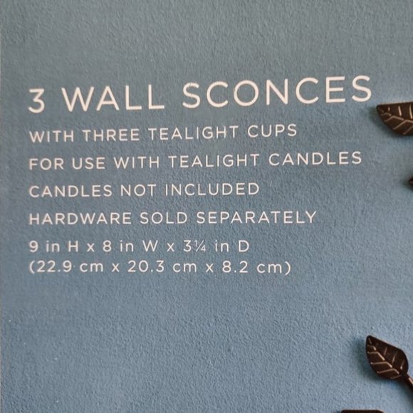 Home 3 Metal Dark Leaf Sconces with 3 Tealight Glass Candle Holders NWT HTF - Picture 5 of 7